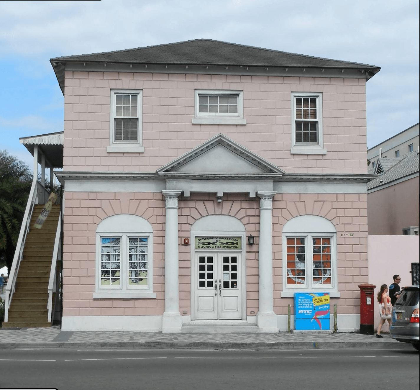 Pink exterior and entrance of the Pompey Museum of Slavery and Emancipation in Nassau