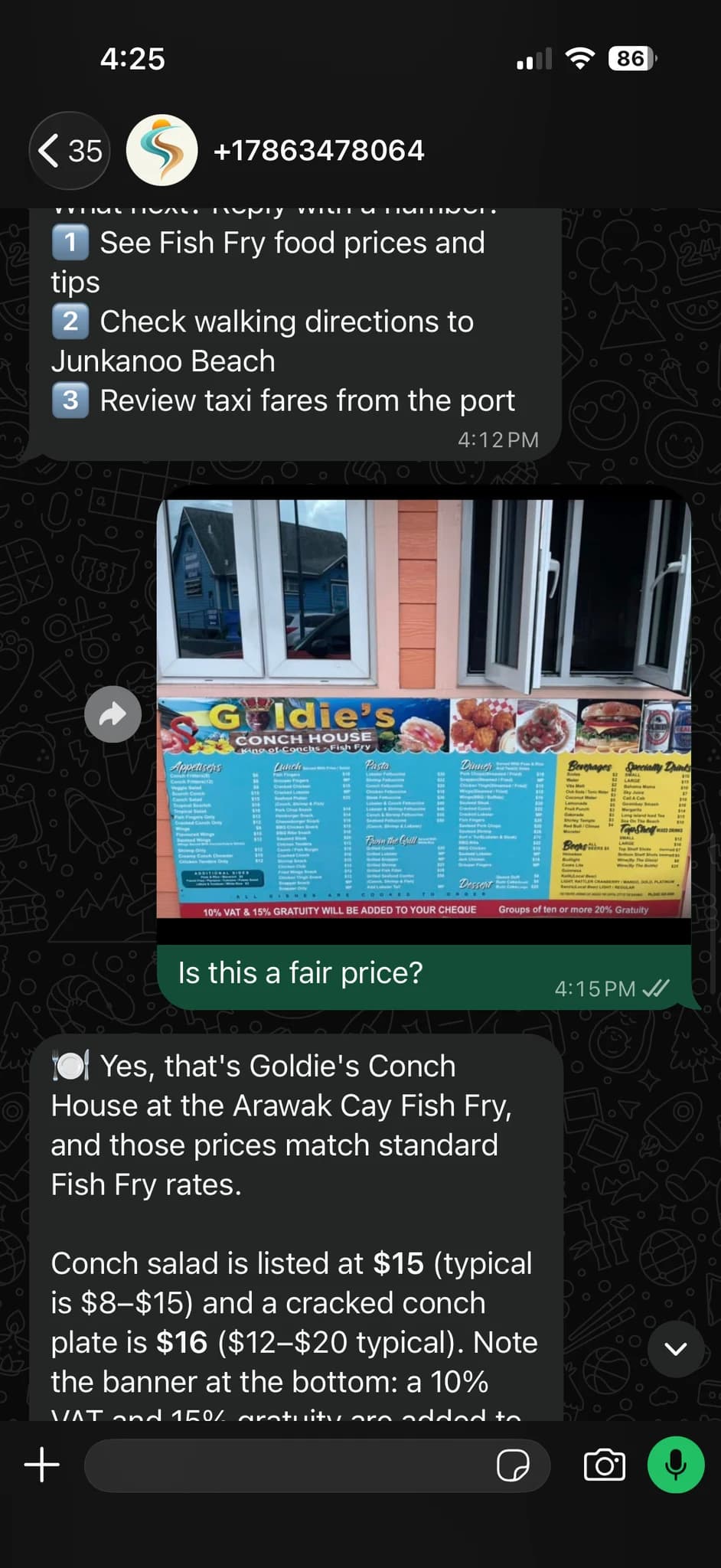 Goldie’s Conch House menu photographed in the supplied October 2026 WhatsApp chat