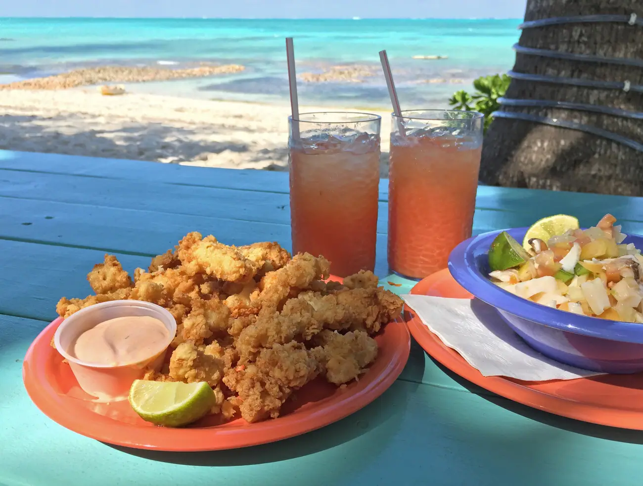 Bahamian cracked conch and fresh conch salad served beachside